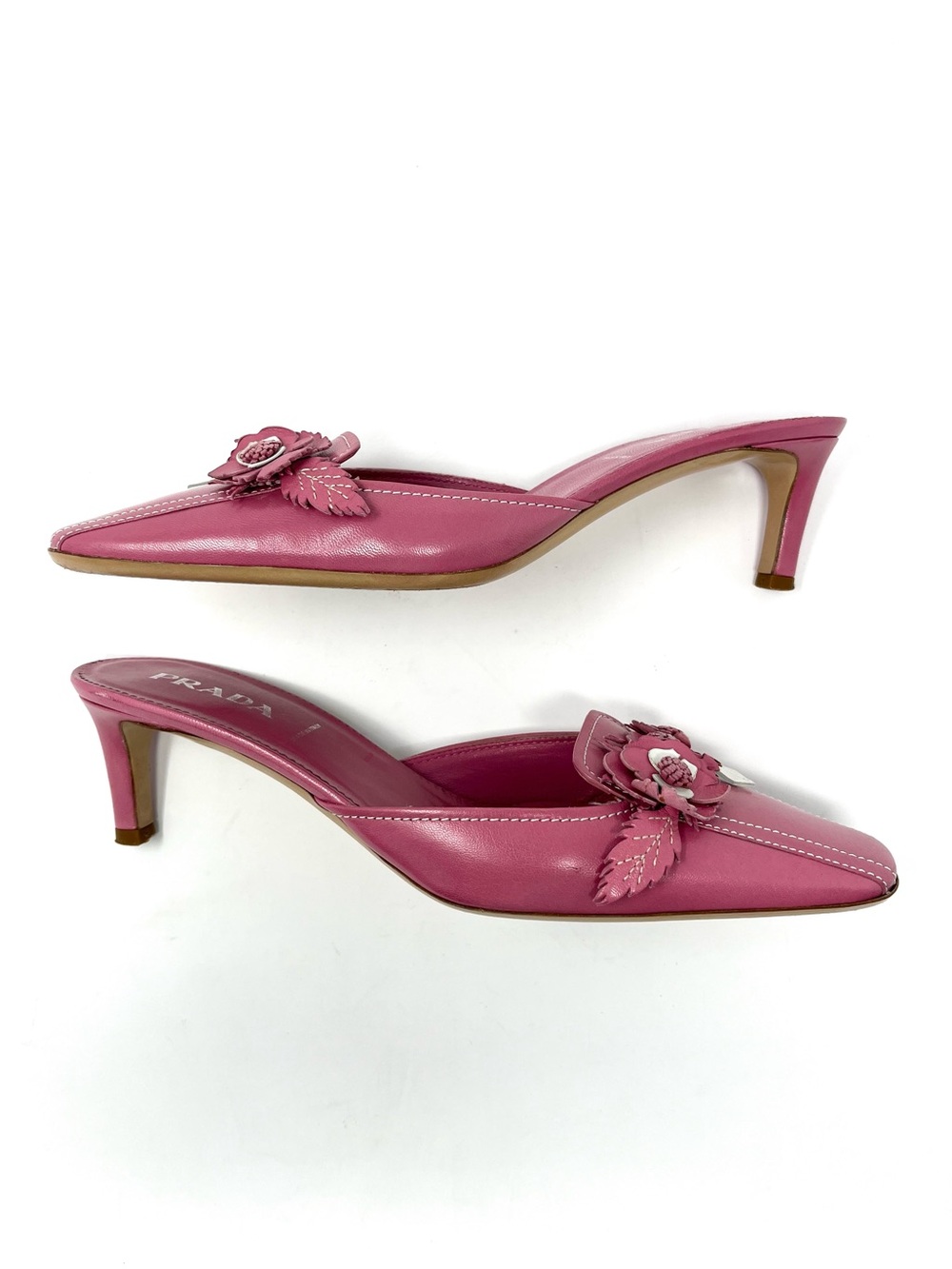Vintage Prada 90s Pink White Leather Flower Bouquet Mules Kitten Heels 36.5 6.5 - Picture 5 of 12